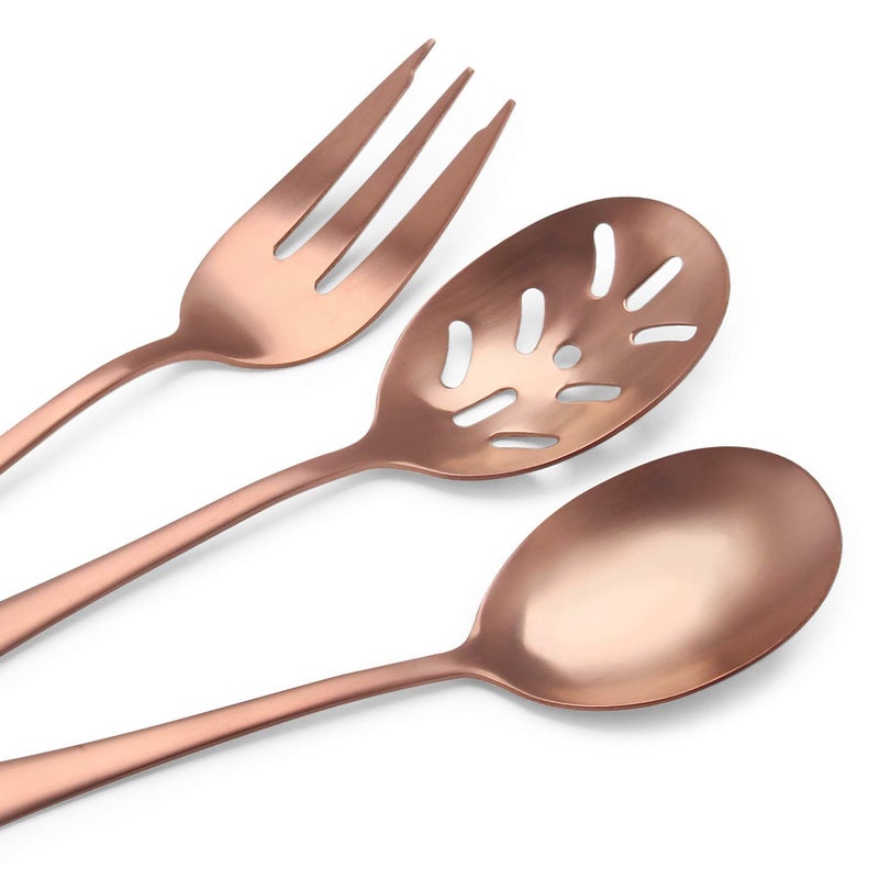 sharecook Matte Rose Gold Serving Setï¼ŒSHARECOOK 5-Piece 18/0 Stainless Steel Large Hostess Set with Round Edge, Satin Finished, Dishwasher Safe -Spoons, Forks,Butter Knife& Slotted Spoon - Image 3